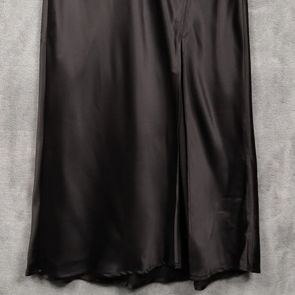 LULUS Smooth‎ Sophistication Black Satin Midi Skirt Side Slit High Waisted M NWT